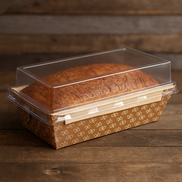 1-1/2 lb. Bakeable Kraft Paper Loaf Pan with Clear Dome Lid - #31906-00072