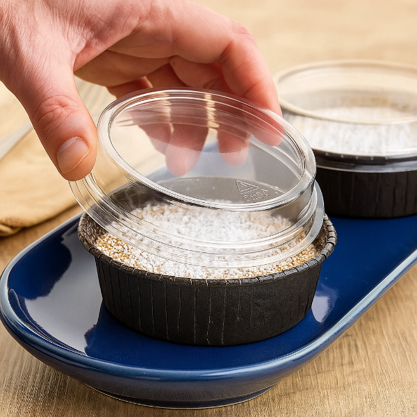 8 oz. Round Oven-Safe Paperboard Baking Cup with Clear PET Dome Lid - #13810-00117