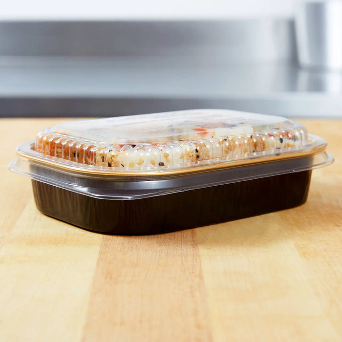 16 oz. Black and Gold Foil Entrée Pan with Plastic Dome Lid - #9220PT