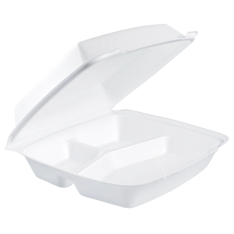 10.25" EPS Foam White 3-Compartment Container with Removable Lid - #110HT3