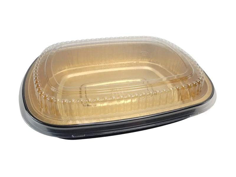 Large 64 oz. Black and Gold Foil Entrée Pan with Dome Lid Durable Packaging