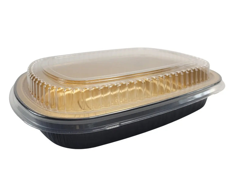 Large 64 oz. Black and Gold Foil Entrée Pan with Dome Lid Durable Packaging
