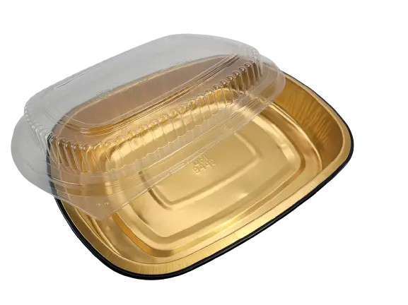 47 oz. Medium Black and Gold Foil Entrée Pan with Dome Lid Durable Packaging