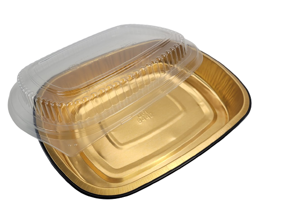 47 oz. Medium Black and Gold Foil Entrée Pan with Dome Lid