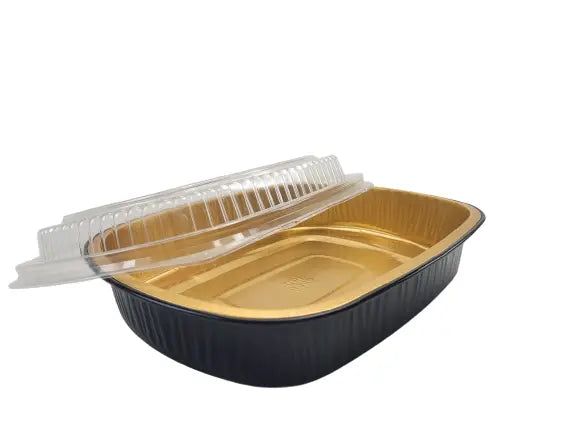 47 oz. Medium Black and Gold Foil Entrée Pan with Dome Lid Durable Packaging