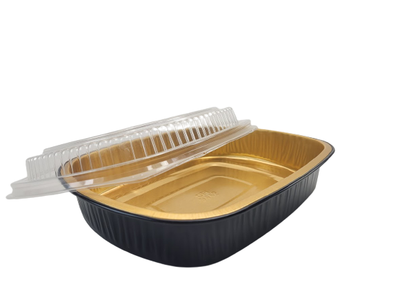 Bandeja para platos principales de aluminio dorado y negro de tamaño mediano de 47 oz con tapa abovedada