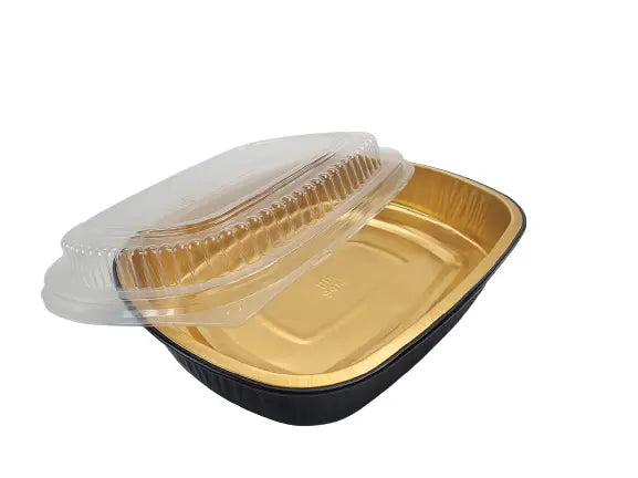 47 oz. Medium Black and Gold Foil Entrée Pan with Dome Lid Durable Packaging