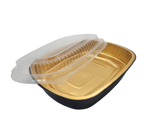 Bandeja para platos principales de aluminio dorado y negro de tamaño mediano de 47 oz con tapa abovedada