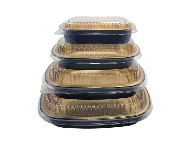 Large 64 oz. Black and Gold Foil Entrée Pan with Dome Lid Durable Packaging