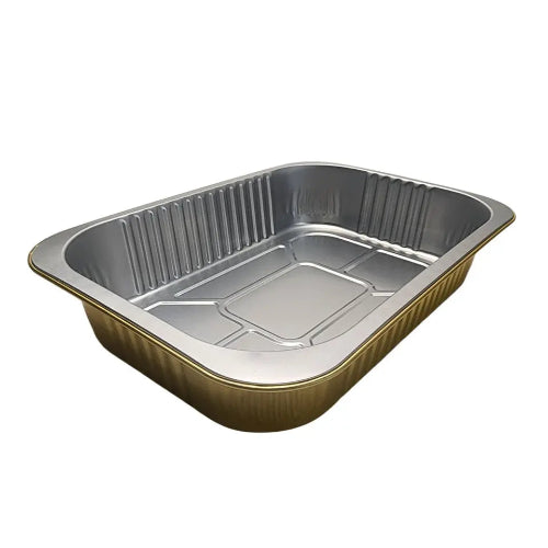 KitchenDance 8"x5" Heavy Duty Aluminum Entree Pans With Dome Lids - 100 Pack, Ovenable Up To 500°F, Black & Gold