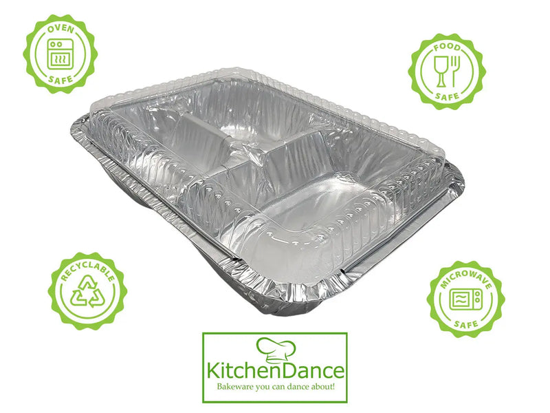 3 Compartment Disposable Foil Carryout Pan with Plastic Lid  #210P Durable Packaging