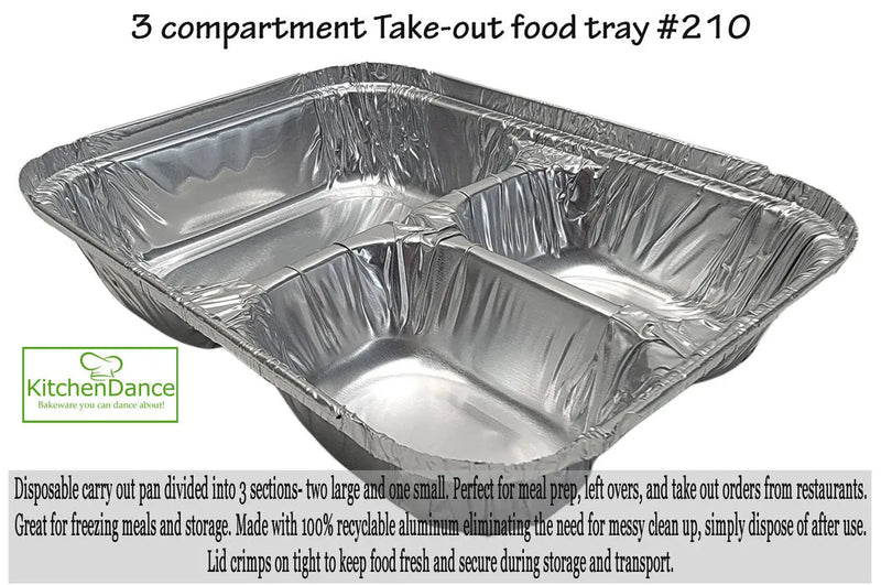 3 Compartment Disposable Foil Carryout Pan with Plastic Lid  #210P Durable Packaging