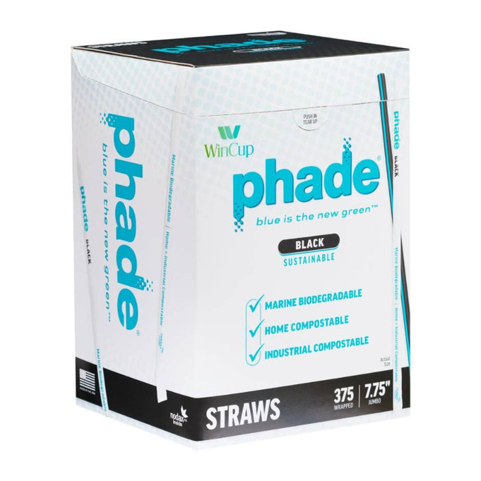 Phade® 7.75" Black Jumbo Wrapped Compostable Straws - Box of 375 - #300006