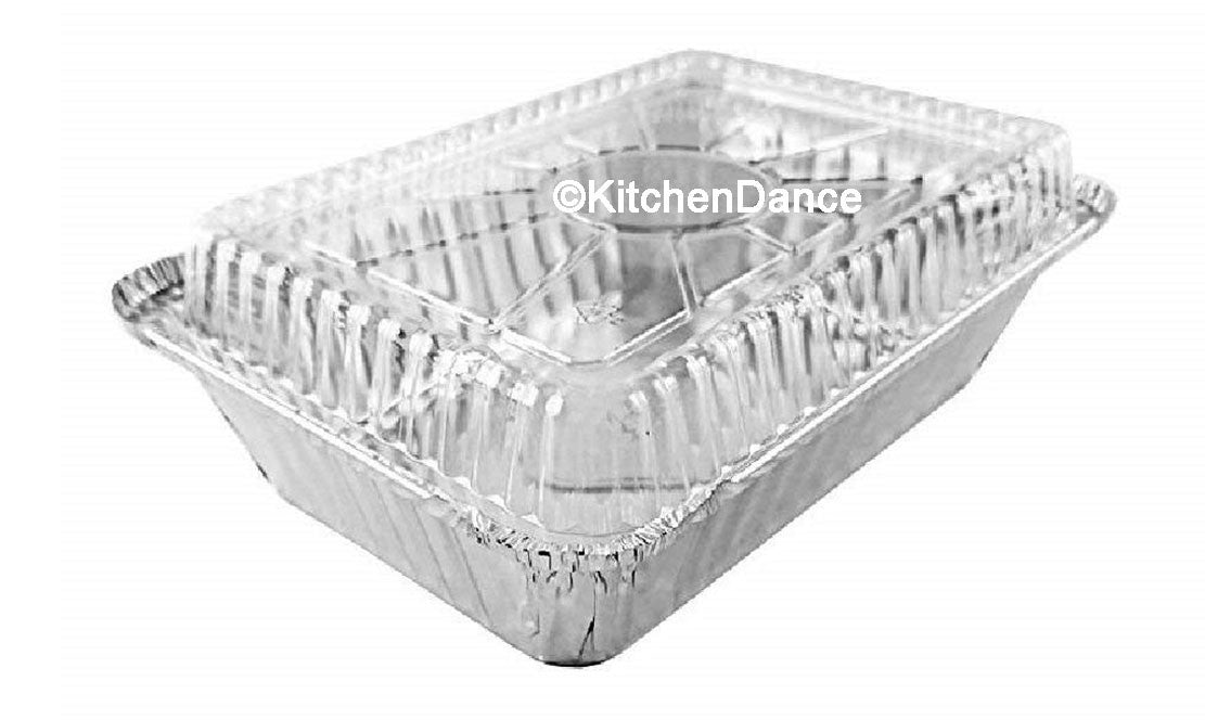 disposable aluminum foil 1½ lb. carryout pan, takeout pan, shallow beking pan, food storage container with plastic lid