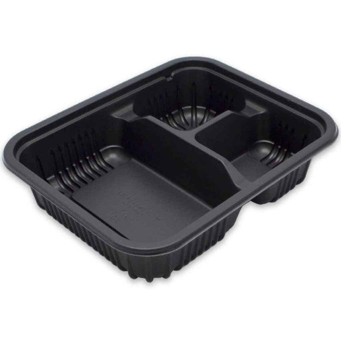 8" x 6.5" Black Ribbed PP -  3 Compartment Oblong Tray, 24 Oz. With Lid Combo