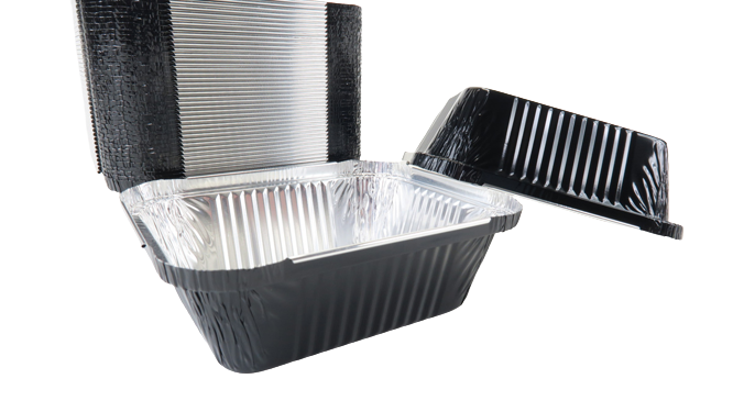 Black Disposable 1 lb. Foil Carryout Pan with Board Lid  #2550L