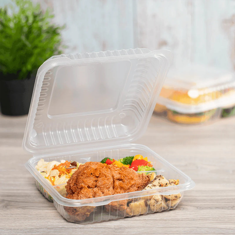 Contenedores de comida para llevar con bisagras, de polipropileno transparente, de 9 x 9 x 3 pulgadas