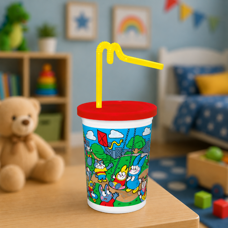 12 oz. Kids Cup Animal Design with Red Lid and Curly Straw Sleeve of 125 - #3052120