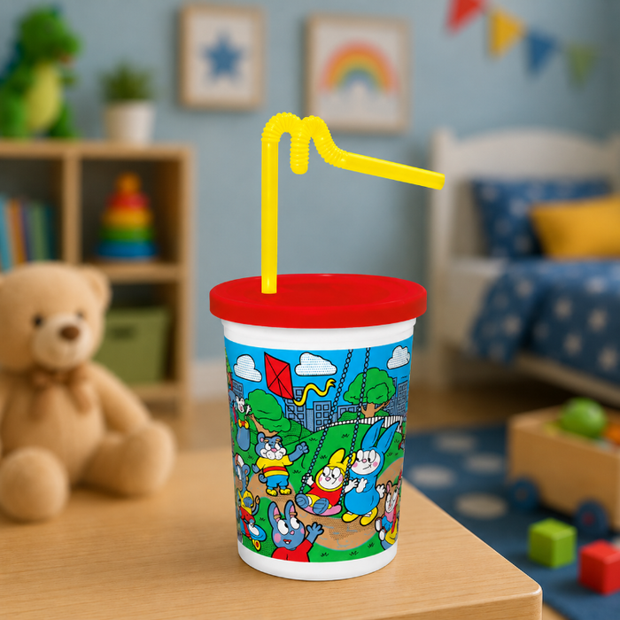 12 oz. Kids Cup Animal Design with Red Lid and Curly Straw Sleeve of 125 - #3052120