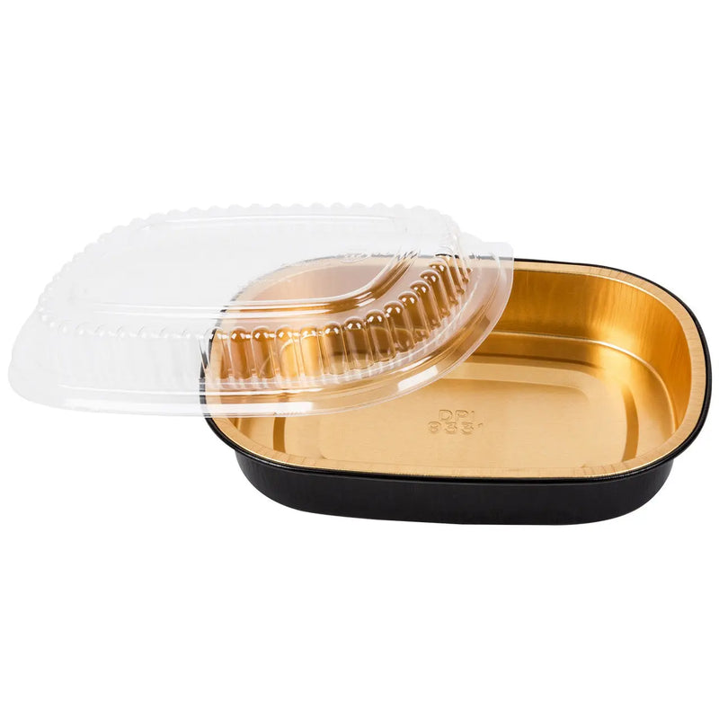 23 oz. Black and Gold Foil Entrée or Take Out Pan with Dome Lid #9331 Western Plastics