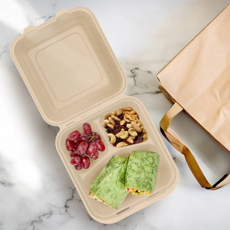 8" PFAS-Free Fiber 3-Compartment Hinged Takeout Container, Natural - #80FBRHT3