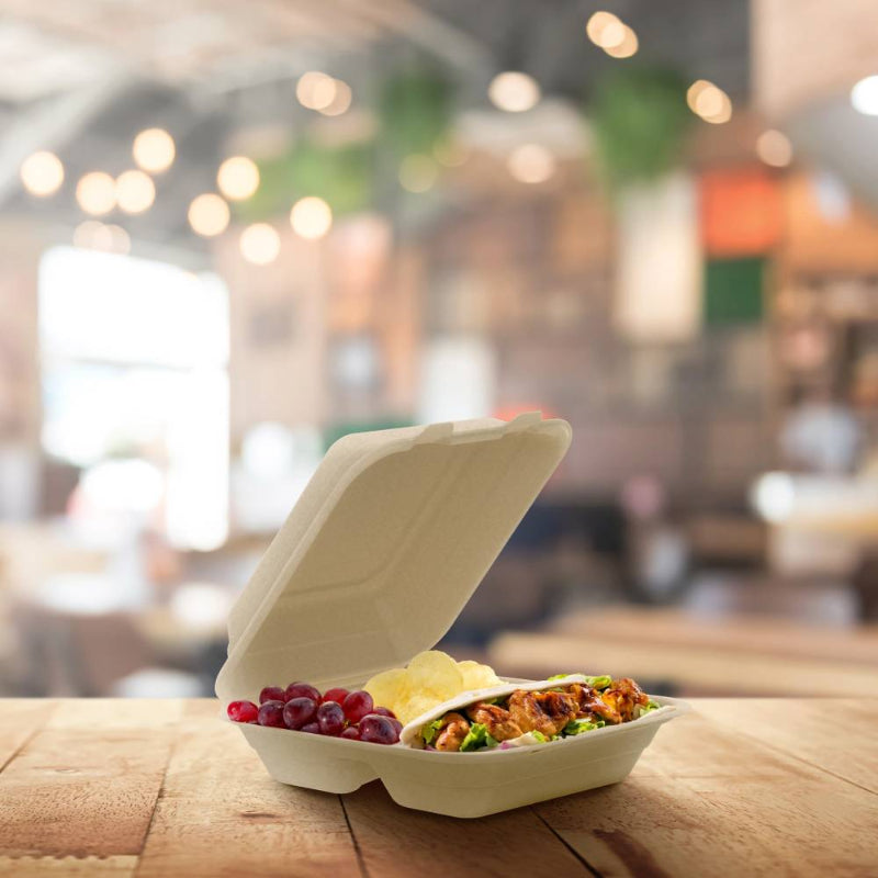 8" PFAS-Free Fiber 3-Compartment Hinged Takeout Container, Natural - #80FBRHT3