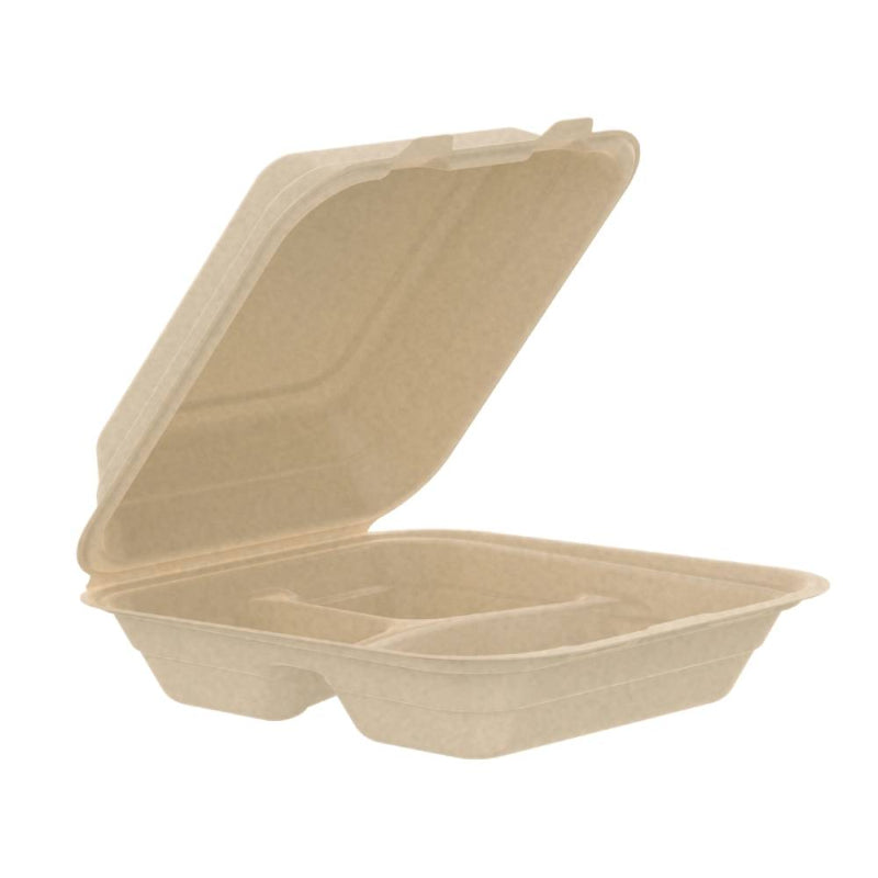 8" PFAS-Free Fiber 3-Compartment Hinged Takeout Container, Natural - #80FBRHT3