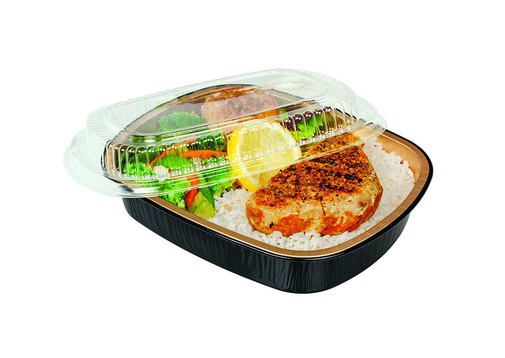 23 oz. Black and Gold Foil Entrée or Take Out Pan with Dome Lid #9331