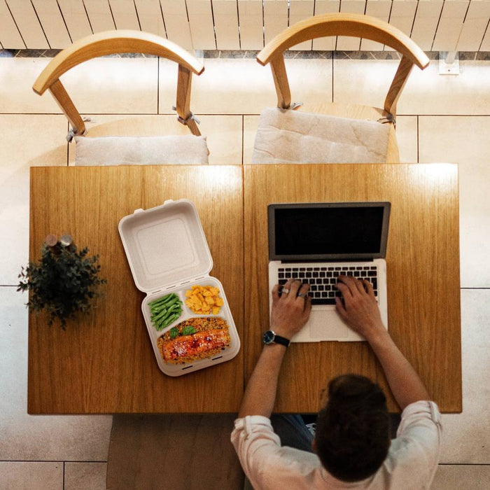 9" PFAS-Free Fiber 3-Compartment Hinged Takeout Container, Natural - Sleeve of 100 - #90FBRHT3