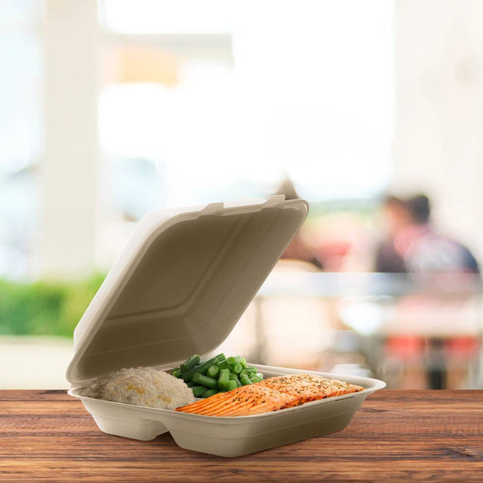 9" PFAS-Free Fiber 3-Compartment Hinged Takeout Container, Natural - Sleeve of 100 - #90FBRHT3