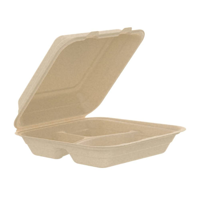 9" PFAS-Free Fiber 3-Compartment Hinged Takeout Container, Natural - Sleeve of 100 - #90FBRHT3