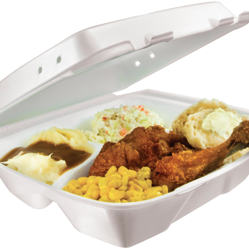 9" XPS Foam 3-Compartment White Container with Vented Removable Lid - #90HTPF3VR