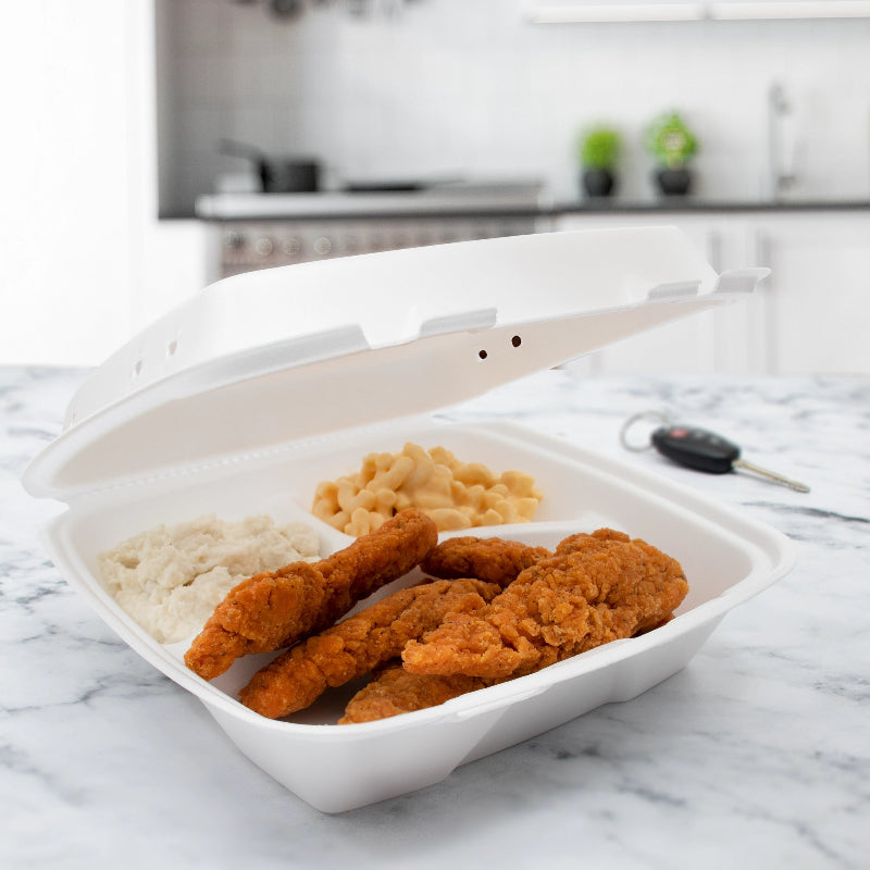 9" XPS Foam 3-Compartment White Container with Vented Removable Lid - #90HTPF3VR