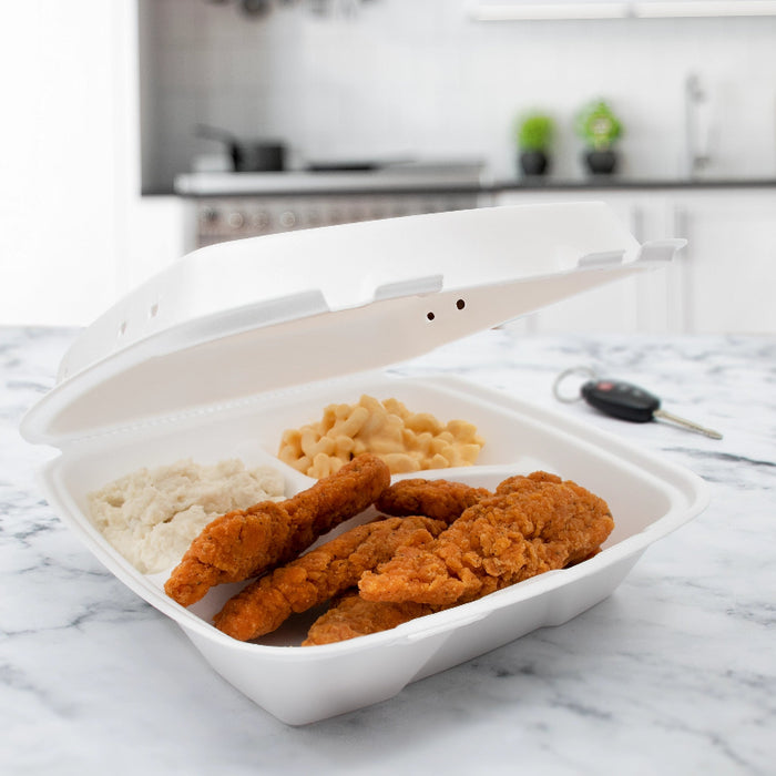 9" XPS Foam 3-Compartment White Container with Vented Removable Lid - #90HTPF3VR