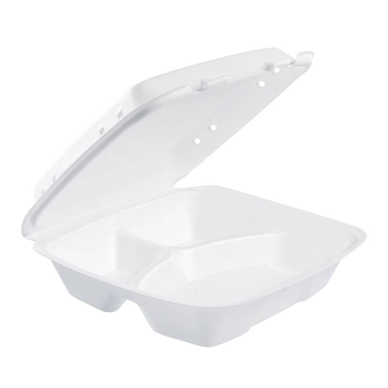 9" XPS Foam 3-Compartment White Container with Vented Removable Lid - #90HTPF3VR