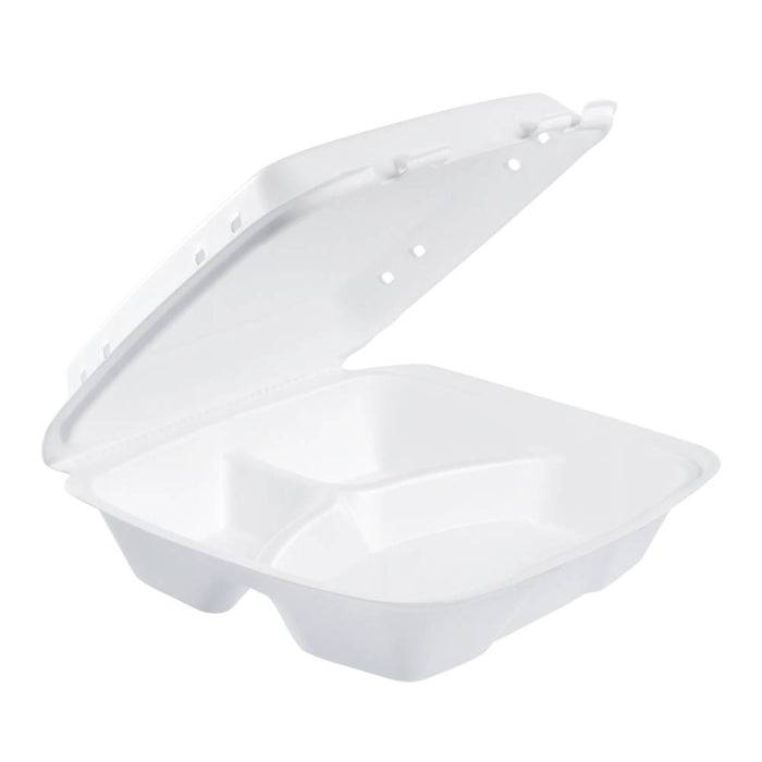 9" XPS Foam 3-Compartment White Container with Vented Removable Lid - #90HTPF3VR