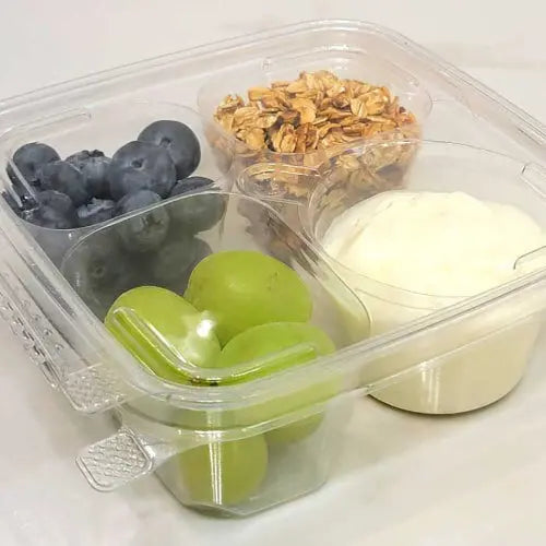Inline Plastics Safe-T-Fresh 6x6 Tamper Evident & Tamper Resistant 4 Compartment Clamshell - #TSSB3R Inline Plastics