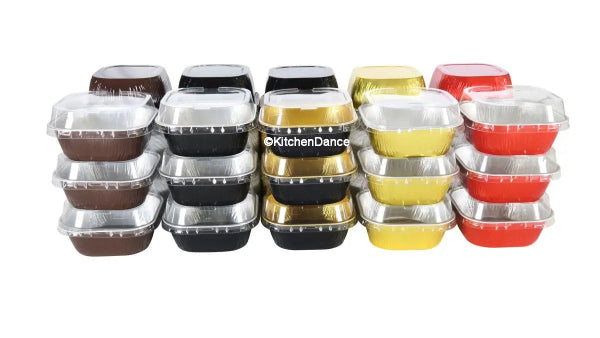 4" Square Colored Aluminum Foil Dessert Pan with Snap-On Plastic Lid   #A6P KitchenDance