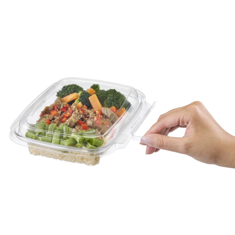 Safe-T-Chef 16 oz. Tamper Evident Microwavable Hinged Takeout Container with Dome Lid - #C8616D