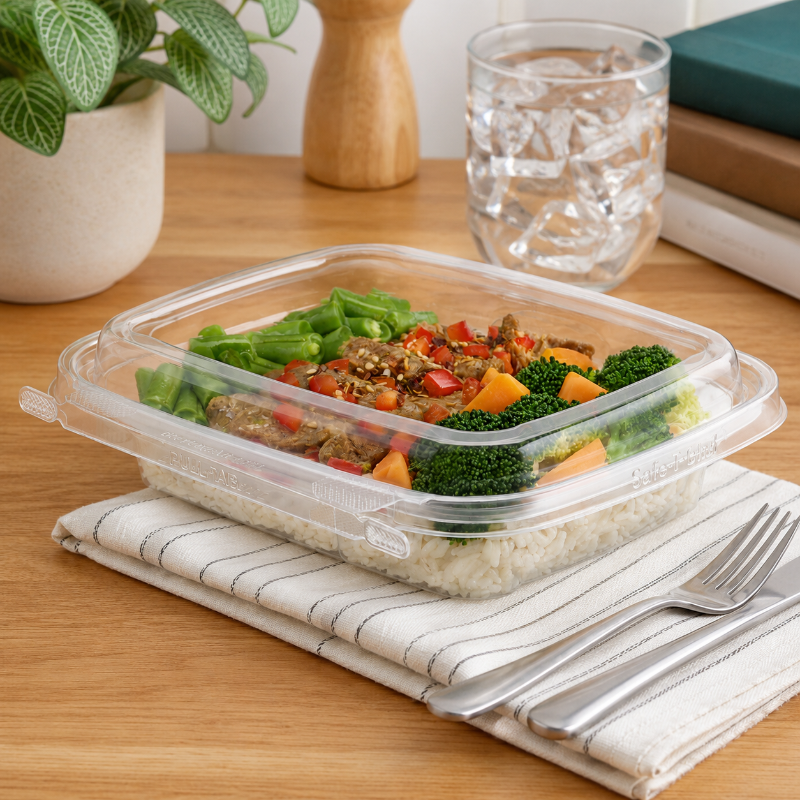 Safe-T-Chef 16 oz. Tamper Evident Microwavable Hinged Takeout Container with Dome Lid - #C8616D