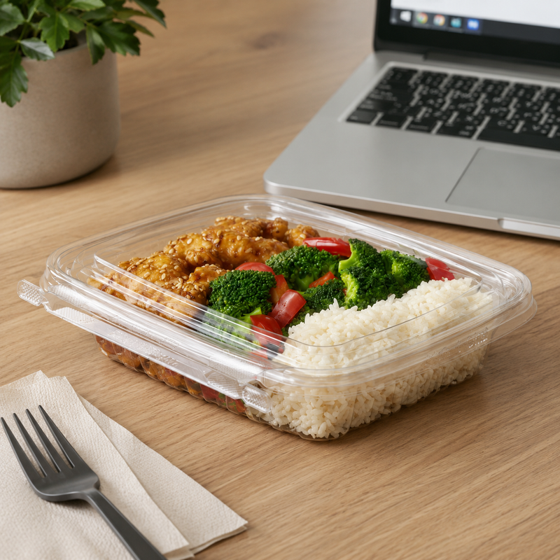 Safe-T-Chef 16 oz. Tamper Evident Microwavable Hinged Takeout Container with Flat Lid - #C8616F