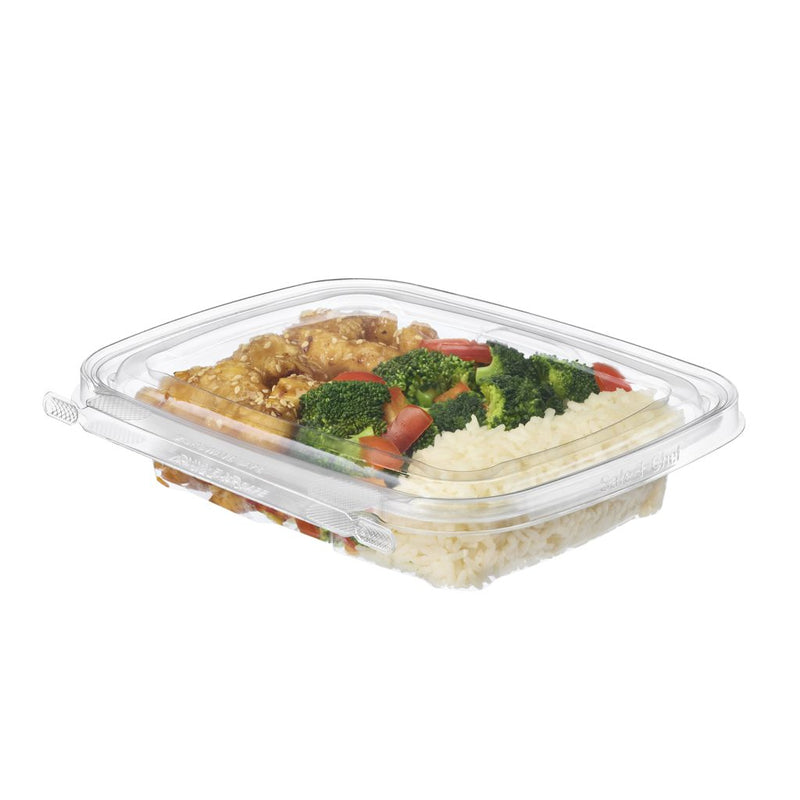 Safe-T-Chef 16 oz. Tamper Evident Microwavable Hinged Takeout Container with Flat Lid - #C8616F