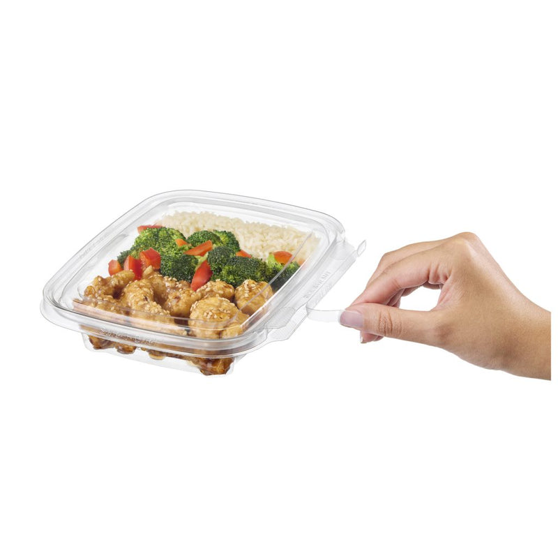 Safe-T-Chef 16 oz. Tamper Evident Microwavable Hinged Takeout Container with Flat Lid - #C8616F