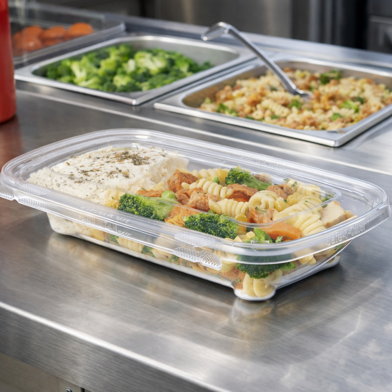 Safe-T-Chef 9 x 6 Tamper Evident & Tamper Resistant Microwaveable Flat Lid Clamshell, 24 oz.