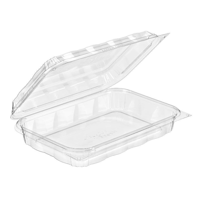 CrystalFresh 9 x 6 Rectangular No Rib Design Hinged Bakery Container w/ Low Dome Lid - #CF6030