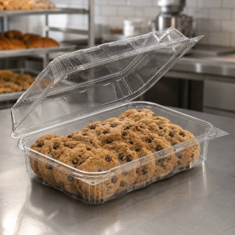 CrystalFresh 9 x 6 Rectangular No Rib Design Hinged Bakery Container w/ High Dome Lid - #CF6040