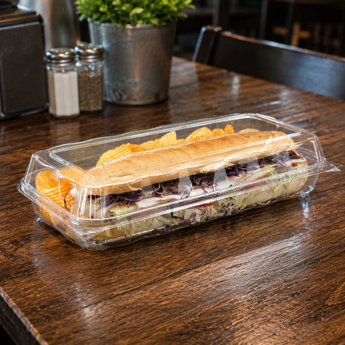 CrystalFresh 13 x 6 Rectangular No Rib Design Hinged Bakery Container with High Dome Lid - #CF6095