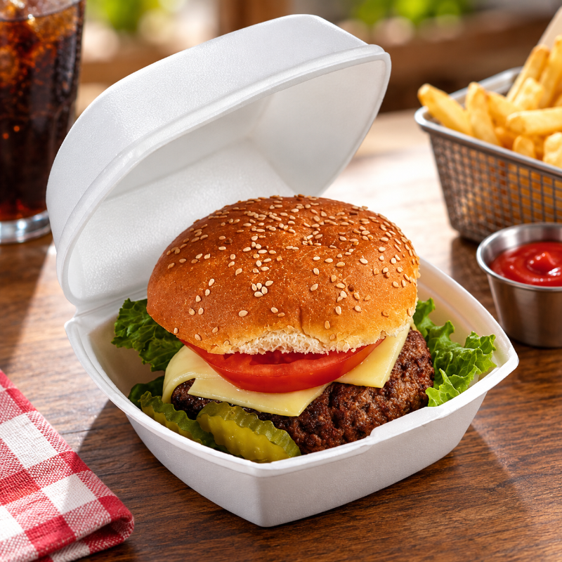 6" x 6" x 3" PS Foam White Hinged Takeout Container - #YTH100800000