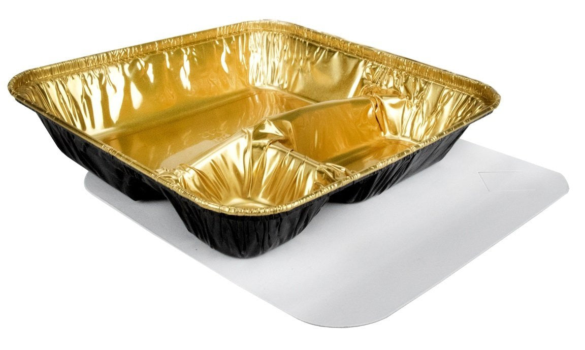 Black & Gold  Extra Large Disposable 3 Compartment Tray with Board Lid   #2345-B&G