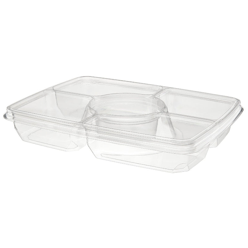 117 oz. Rectangular Two Piece 4-Compartment Deli Platter with Center Dip Cup - #PLQ116C4R